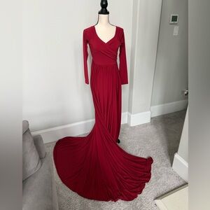 Elegant Burgundy Red Maxi Dress with Train